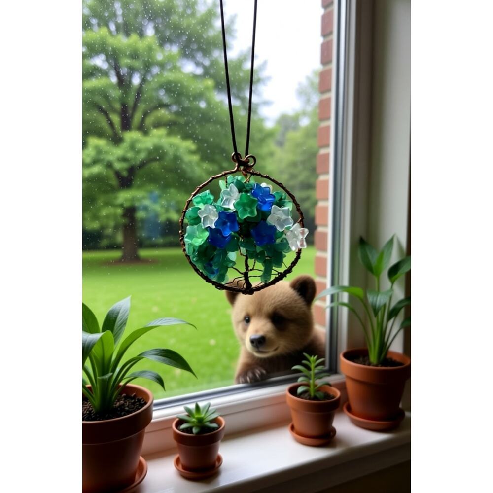 Handmade Aventurine Suncatcher Copper Wire Glass Flowers 2.5”